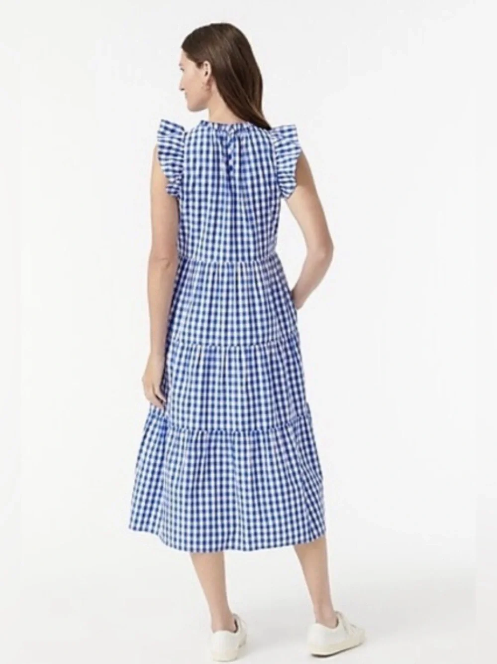 J.Crew Blue & White Gingham Tiered Midi Dress